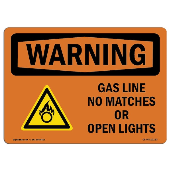 OSHA Warning Sign, 18" Height, 24" Width, Gas Line No Matches Or Open Lights With Symbol, Landscape